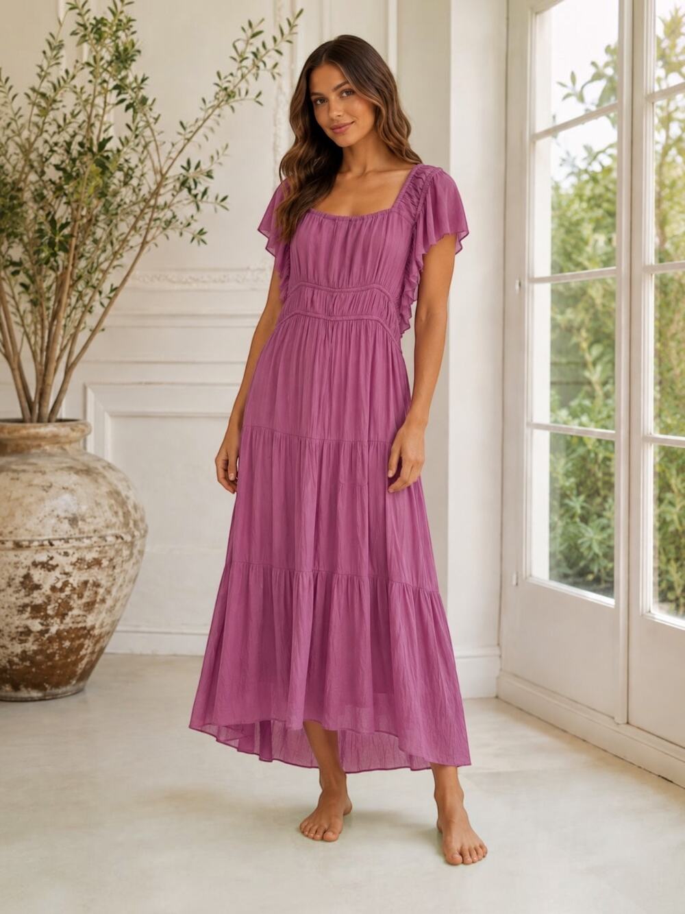 Joie Purple Ruffle Midi Maxi Dress Size M Boho Tiered Flutter Sleeve